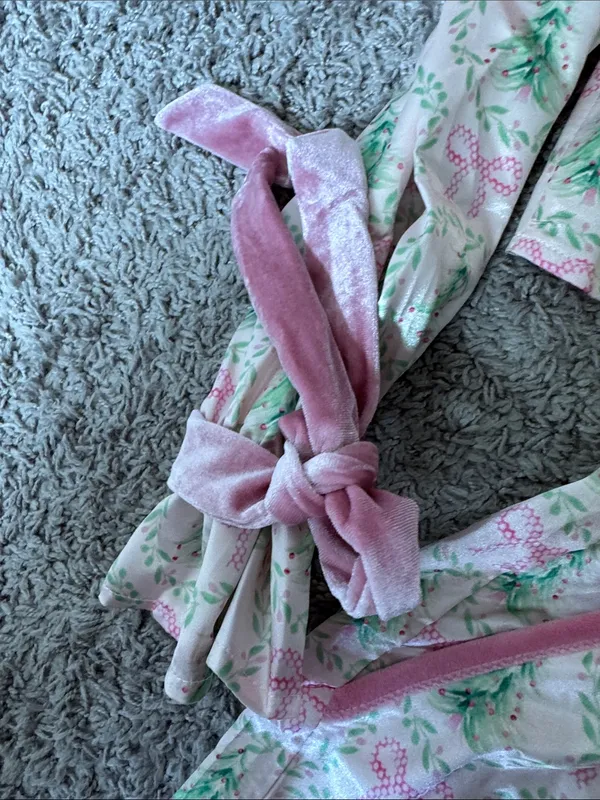 Satin Christmas Bow Pajama Set with Pink Velvet Trim / J5 - Image 3