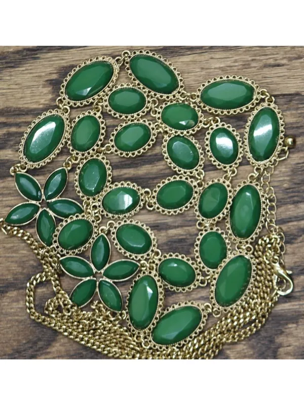 NEW Layered Flower Gemstone Bib Multi Strand Necklace Gold / Green 20" + 3" - Image 2
