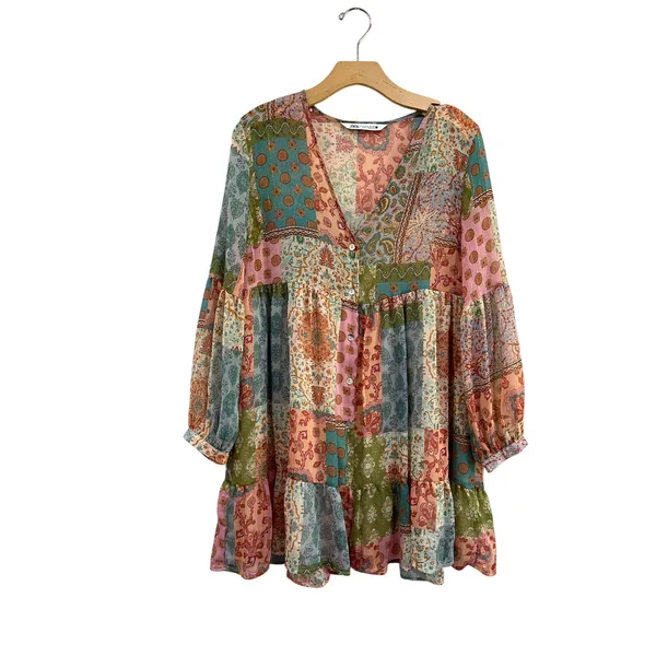 Zara‎ Patchwork Boho Mini Dress V Neck Metallic Thread Button Front Size M - Image 3