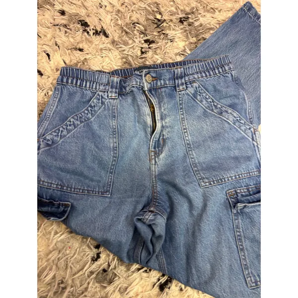 Aeropostale 90s Baggy Cargo Jeans Womens Large Blue Denim Elastic Waist Wide Leg - Image 7