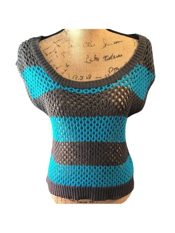 Y2K Arizona Jean Co. Knit Top Size L Gray & Blue Striped - Image 2