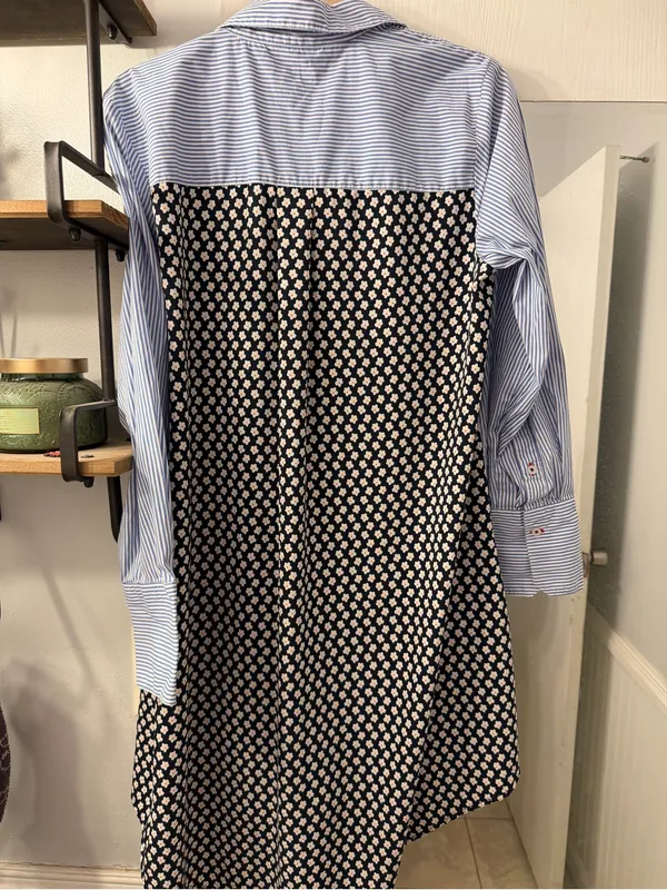 Tommy Hilfiger Blue and White Striped Shirt Dress with Navy Floral Panel - Image 3
