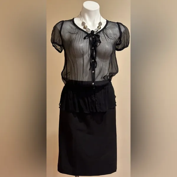 Buttons Just In Time Black Sheer Blouse With Ballon Short Sleeves With Jewel SZ - Image 2