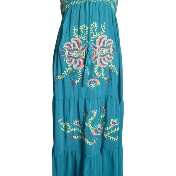 Flying Tomato BOHO Embroidered Floral Smocked Strapless Tiered Maxi Dress Womens S Teal Beach - Image 6