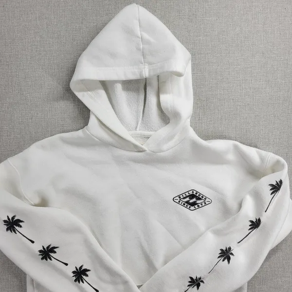 Billabong Windy Palms Womens Sweatshirt Size M White DIY Raw Cut Hem Crop Hoodie - Image 5