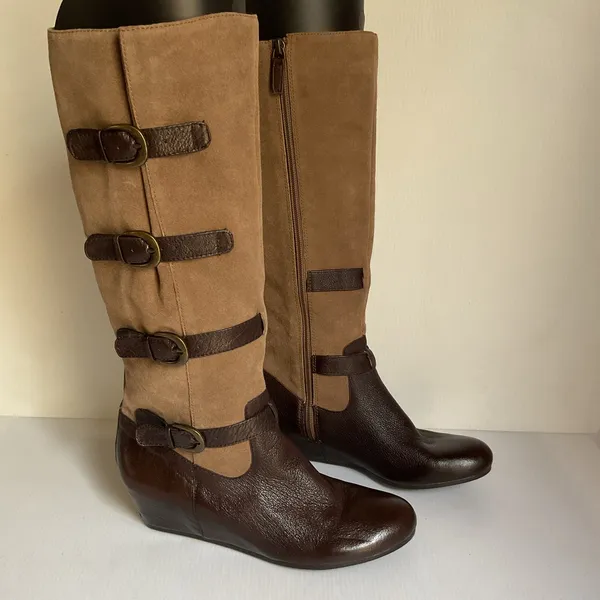 Vintage Buckle Knee High Boots Women's Leather Riding Boho Festival Sz 8 Retro - Image 4