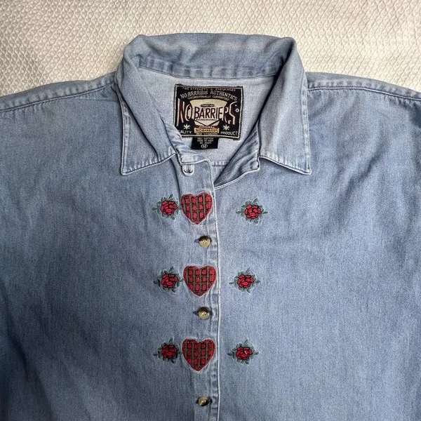 No Barriers Womens Vintage Size Medium Cotton Denim Embroidered Button Down‎ Top - Image 3