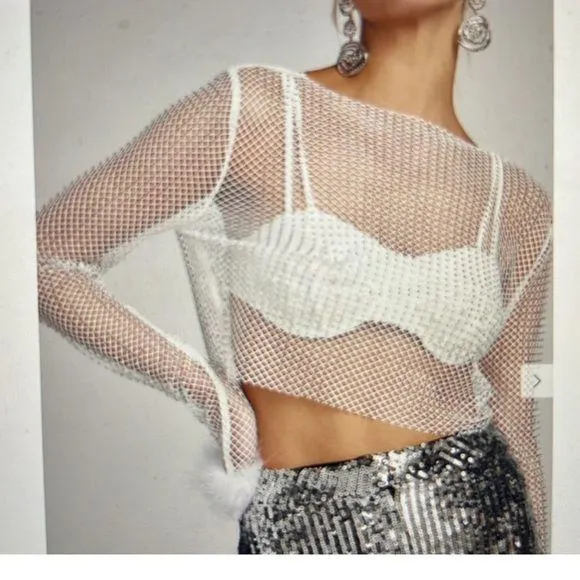 White Mesh T-shirt with Rhinestones Sheer White Mesh Top - Image 2
