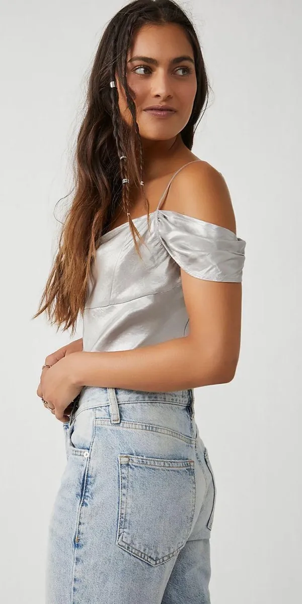 Free People Silver Satin Off-the-Shoulder Top - Image 3