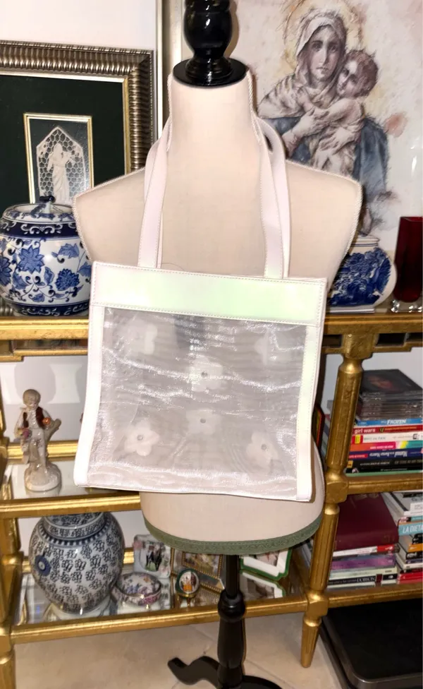 Christian Siriano's elegant translucent mesh tote bag stands out for its delicate black and white floral appliqués. - Image 2