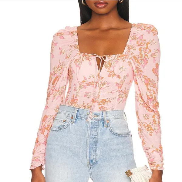 NWT * FREE PEOPLE Hillary Print Top in Pink Combo - Image 3