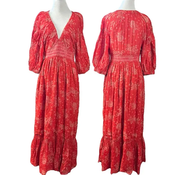 Free People Golden Hour Maxi Dress Cherry Red Medium Bohemian Spring Floral 70s - Image 8