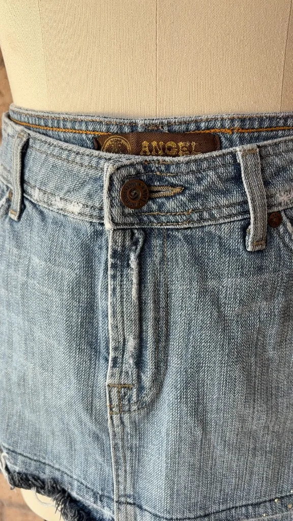 Angel Denim | Light Wash Studded Frayed Mini Skirt | L - Image 3