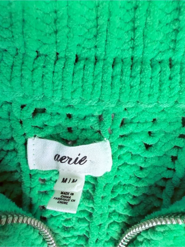 Aerie chunky knit green quarter zip long sleeve sweater shirt size med crochet - Image 5