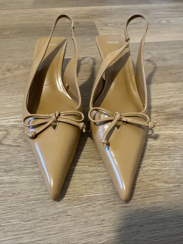 Mango MNG Patent Bow Pointed Toe Slingback Kitten Heels Camel EU 39 US 8.5 - Image 5