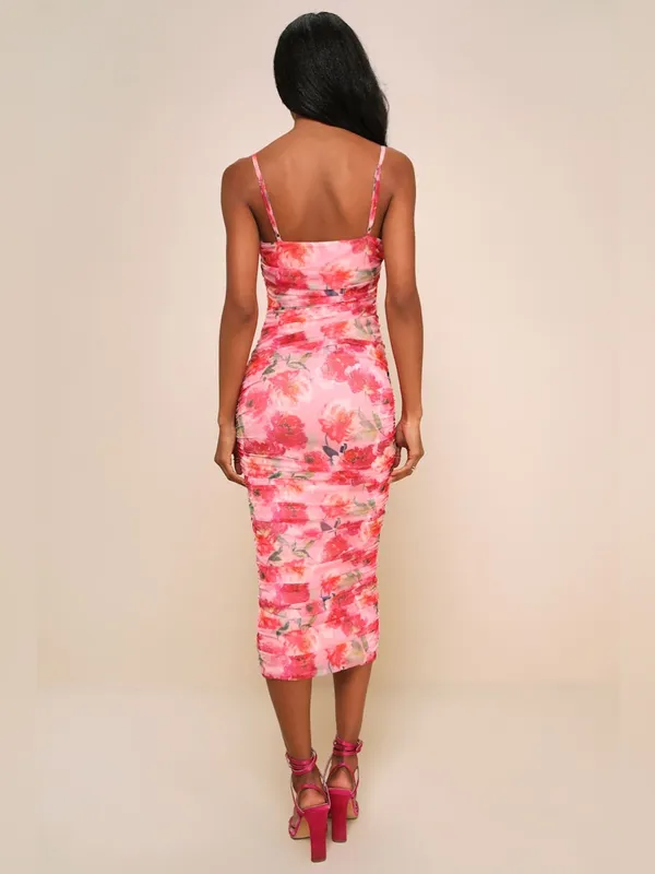 Lulus Blossoming Excellence Pink Floral Mesh Ruched Midi Dress Size Medium Party - Image 2