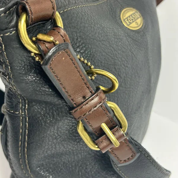 Fossil Vintage Black Leather Crossbody Bag Brown Trim Brass Key Y2K - Image 12