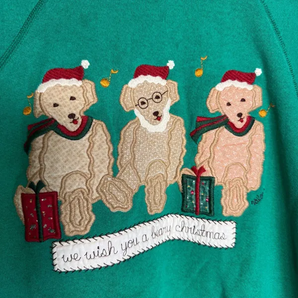 Valerie Sockwell Folk‎ Art Christmas Green Shirt Womens Large Bears 90s Vintage - Image 3