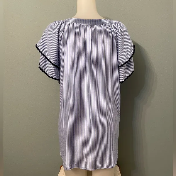 Ann Taylor LOFT Striped Navy and White Women's Blouse with Tassels - Image 2