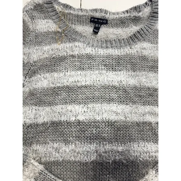 FANG Grey White Striped Fuzzy‎ Knit Crew Neck Sweater Womens Medium Pullover - Image 4