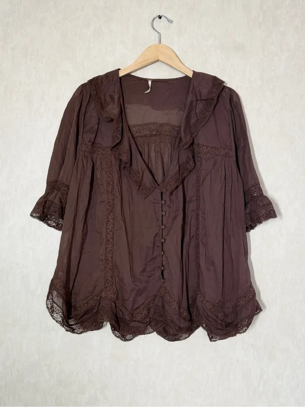 Free People Women’s Isn’t She Lovely Tunic Top Sheer Boho in Chocolate Lava M - Image 3