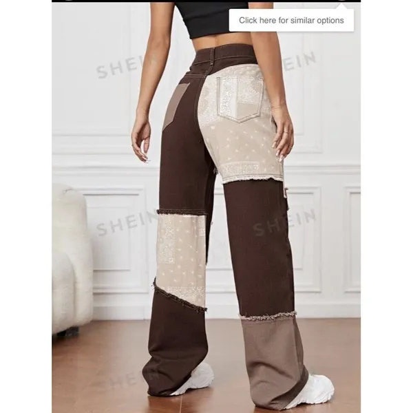 Shein Streetwear‎ Patchwork Jeans Fringe Straight Leg High Rise Hippie Women's 4 - Image 2