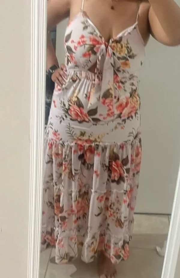 Gorgeous Soft Pink Orange Green Floral Maxi Dress Medium - Image 2