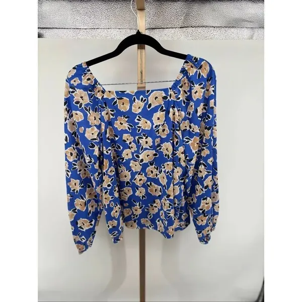 Ann Taylor Floral Square Neck Puff Sleeve Top Womens S Blue Tan Office Bohemian - Image 4