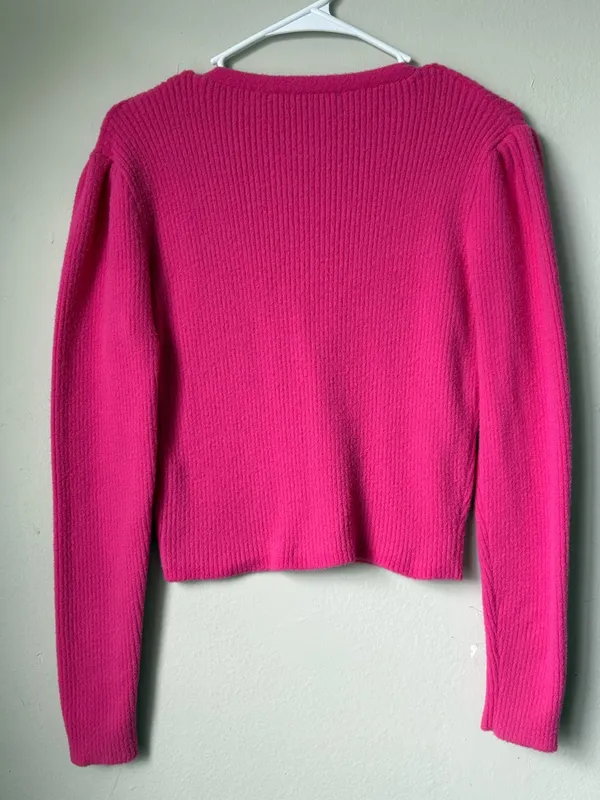 ZARA Hot Pink Fuchsia Cropped Ribbed Cardigan Rhinestone Buttons M - Image 3