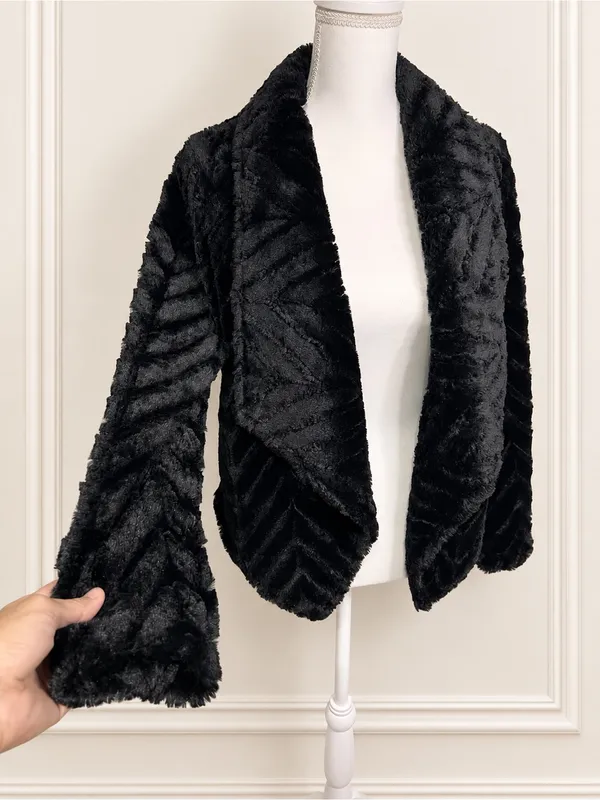 Nina Leonard Black Faux Fur Chevron Bolero Jacket Size M Satin Lined Luxury Glam - Image 3