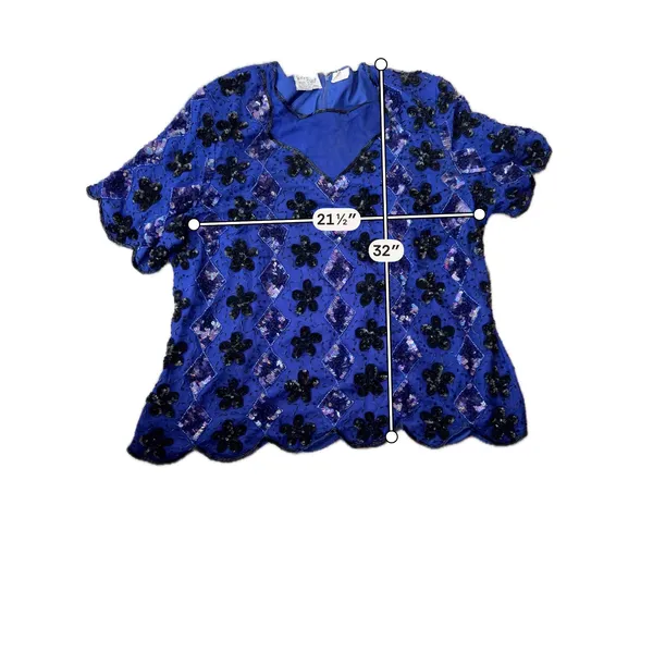 Vintage Stenay Plus Royal Blue Silk Beaded Sequin Floral Evening Blouse Plus XL - Image 3