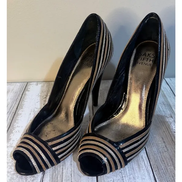 Saks Fifth Avenue Gold, Black, & Silver Peep Toe‎ Heels Size 6 - Image 2