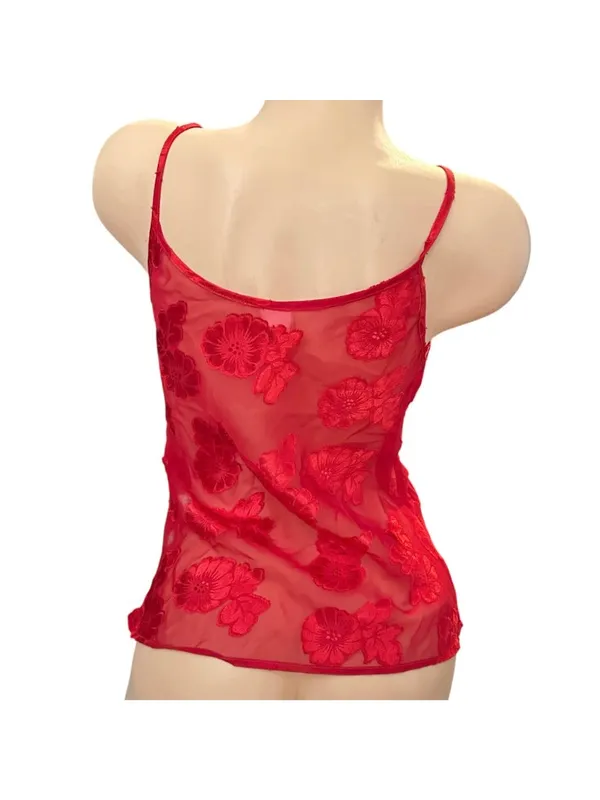 Vintage Elena Intimates Sheer Red Floral Embroidered Camisole Size Small - Image 3