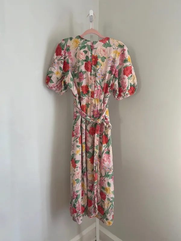 Old Navy Fit & Flare Floral Linen-Blend Twist-Front Maxi Dress Puff Sleeve Sz XL - Image 4