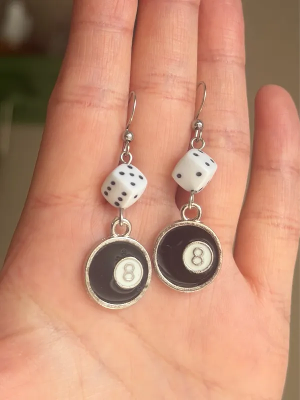 Handmade y2k funky grunge style 8 ball & dice dangle earrings 🎲🖤💕 - Image 4