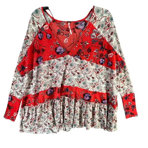 Free People Isabelle Tunic Top Womens XS Red Gray Floral Oversized Boho Feminine - Image 5