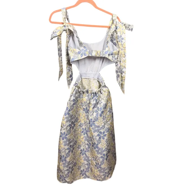 Showpo‎ Blue Gold Floral Jacquard Cut Out Tie Strap Midi Dress Womens 4 - Image 3