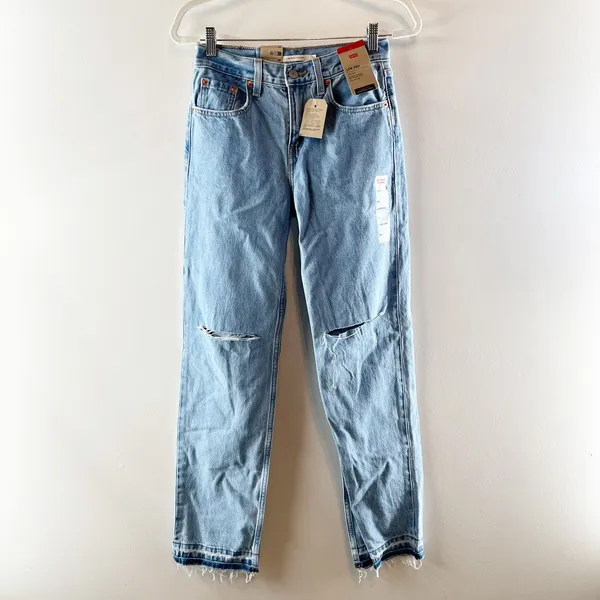 Levi's Low Pro Straight Leg Ripped Knees Released Raw Hem Jeans Blue 24 - Image 2