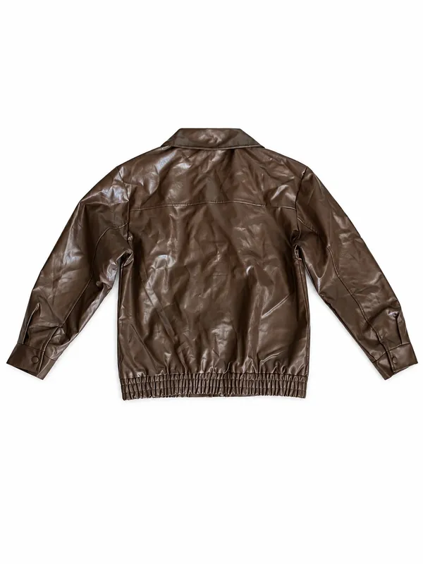 Brown Faux Leather Bomber Jacket Women’s Medium - Image 5
