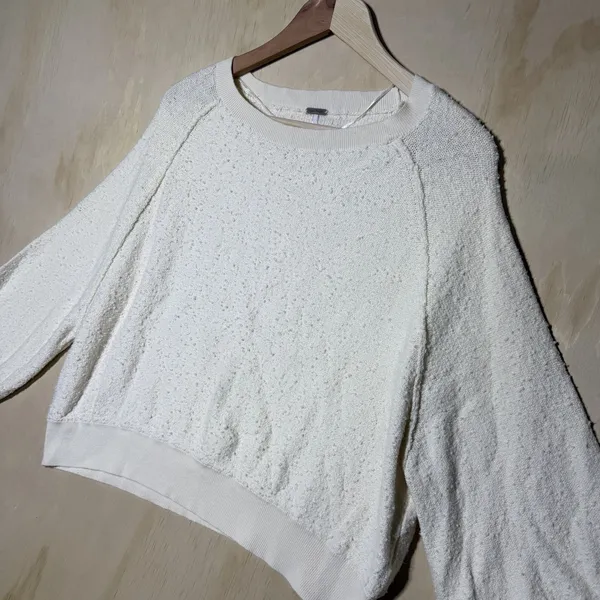 Free People Cream Knit Sweater XS Balloon Sleeve Boho Cozy Pullover Ivory Top - Image 2
