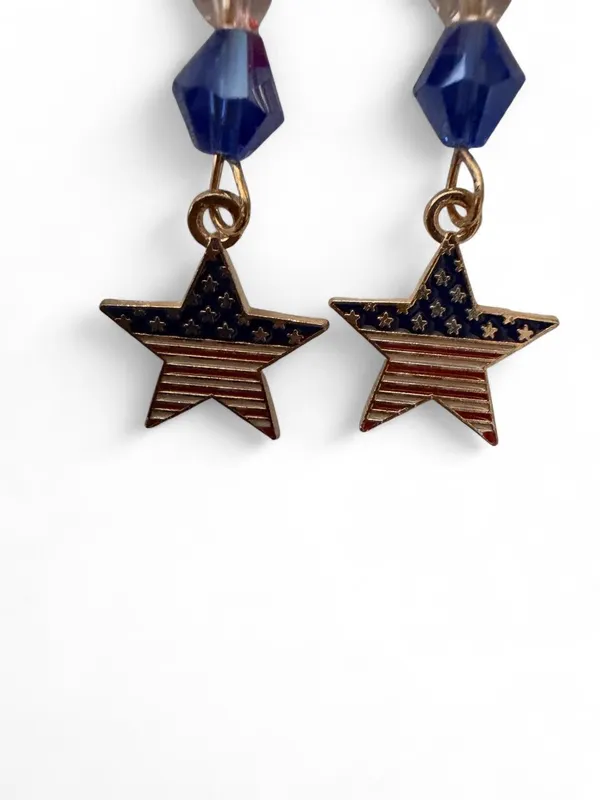 Handmade Red White Blue Crystal American Flag Star Earrings - Image 2