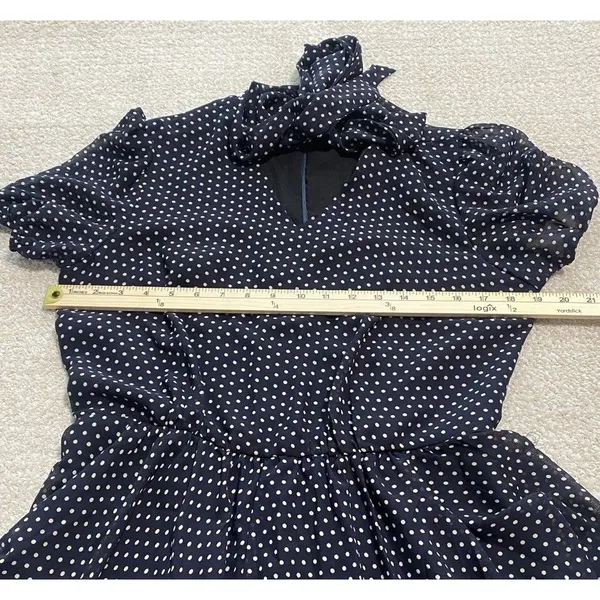 Betsey Johnson Navy Polka Dot Chiffon Puff Sleeve Tie Neck Knee Dress Size 10 - Image 10