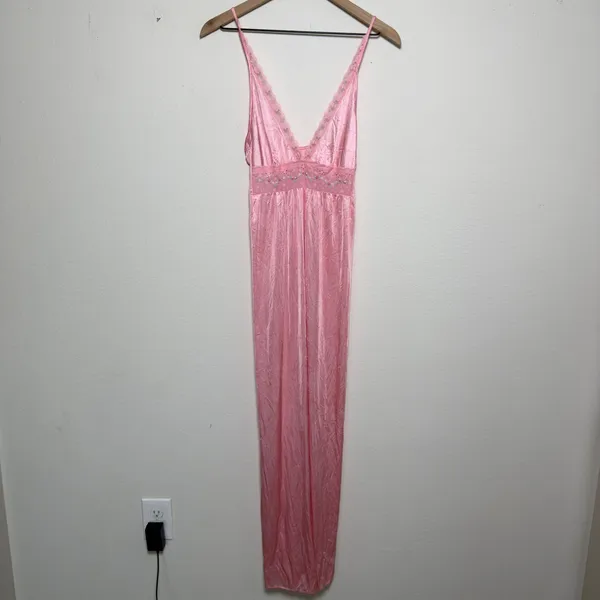 VTG Women Fairy Babydoll Slip Dress Pink Lace Floral Embroidered Satin Maxi - Image 2