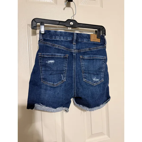 American Eagle Curvy Hi-Rise Shortie Distressed Denim Shorts Dark Wash Sz 0 - Image 3