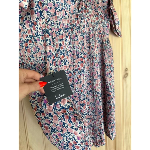 NWT Lulus Express Yourself Blush Pink Floral Print Satin Babydoll Dress Party L - Image 7