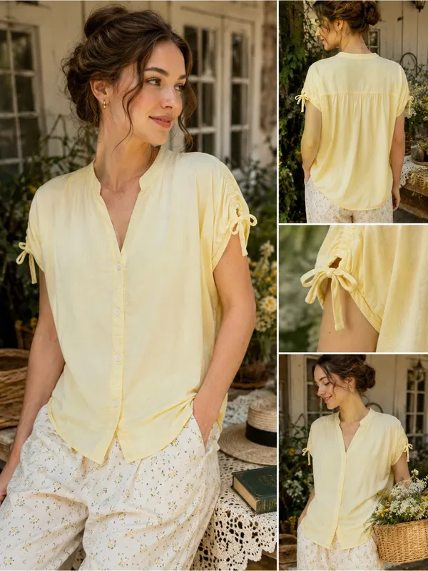 Old Navy Butter Yellow Button Front Tie Sleeve Blouse XL Cotton Modal - Image 2