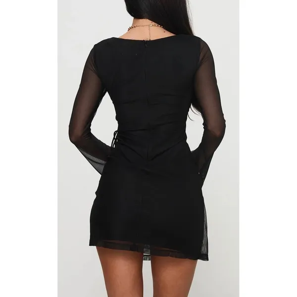 Princess Polly Black Mesh Long Sleeve Mini Dress Square Neck Wrap US 4 NWT - Image 9