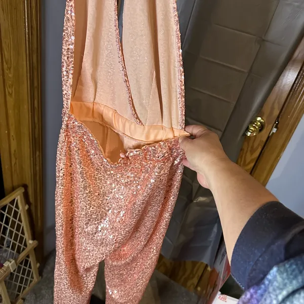 Sparkling Rose Gold Sequin Halter Jumpsuit Pink Size M - Image 2