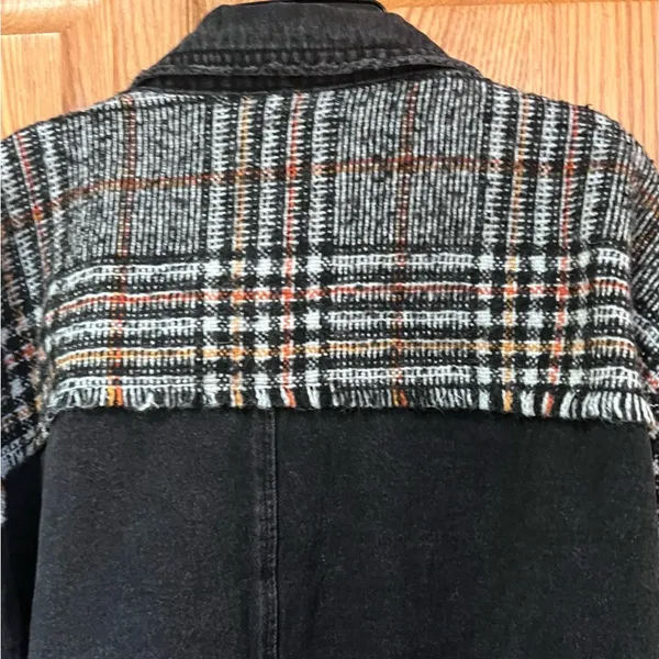 ZARA Contrast Black Denim & Tweed Plaid Mix Snaps Outer Jacket Shaket Size Large - Image 13