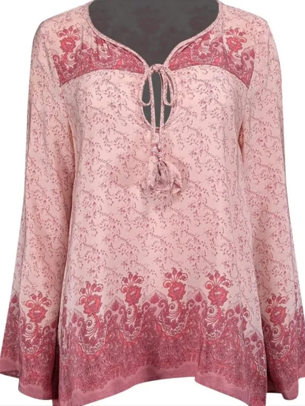 Calypso St Barth Pink floral silk Blouse Tassel Tie Top Floral V Neck Sheer Boho - Image 5